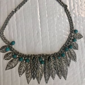Silver feather necklace with rhinestones/turquoise beads worn less than 5 times